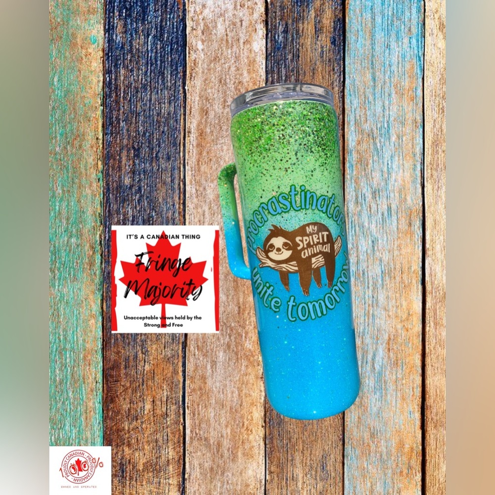 Procastrinators & sloths, spirit animals, funny 20oz skinny tumbler with handle
